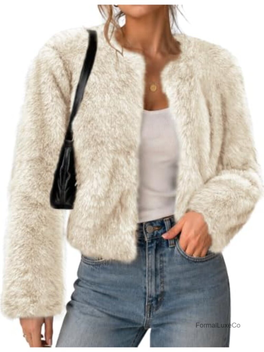 Women's Cropped Faux Fur Coat Long Sleeve Open Front Cardigan Jacket